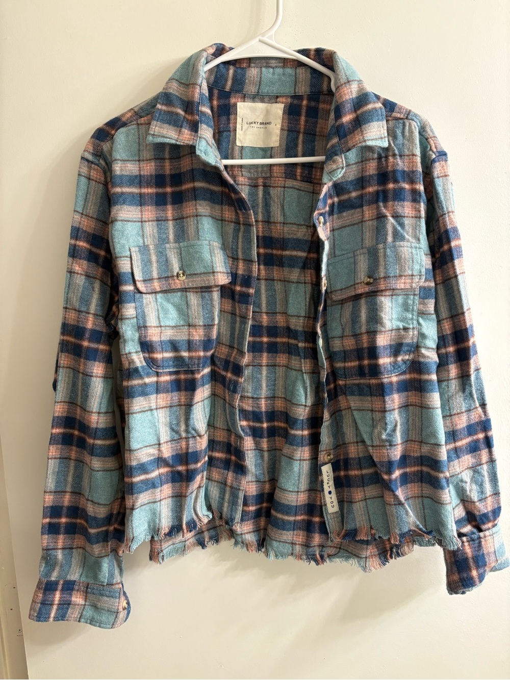 Lucky Brand Plaid Jean Jacket in Blue and Tan